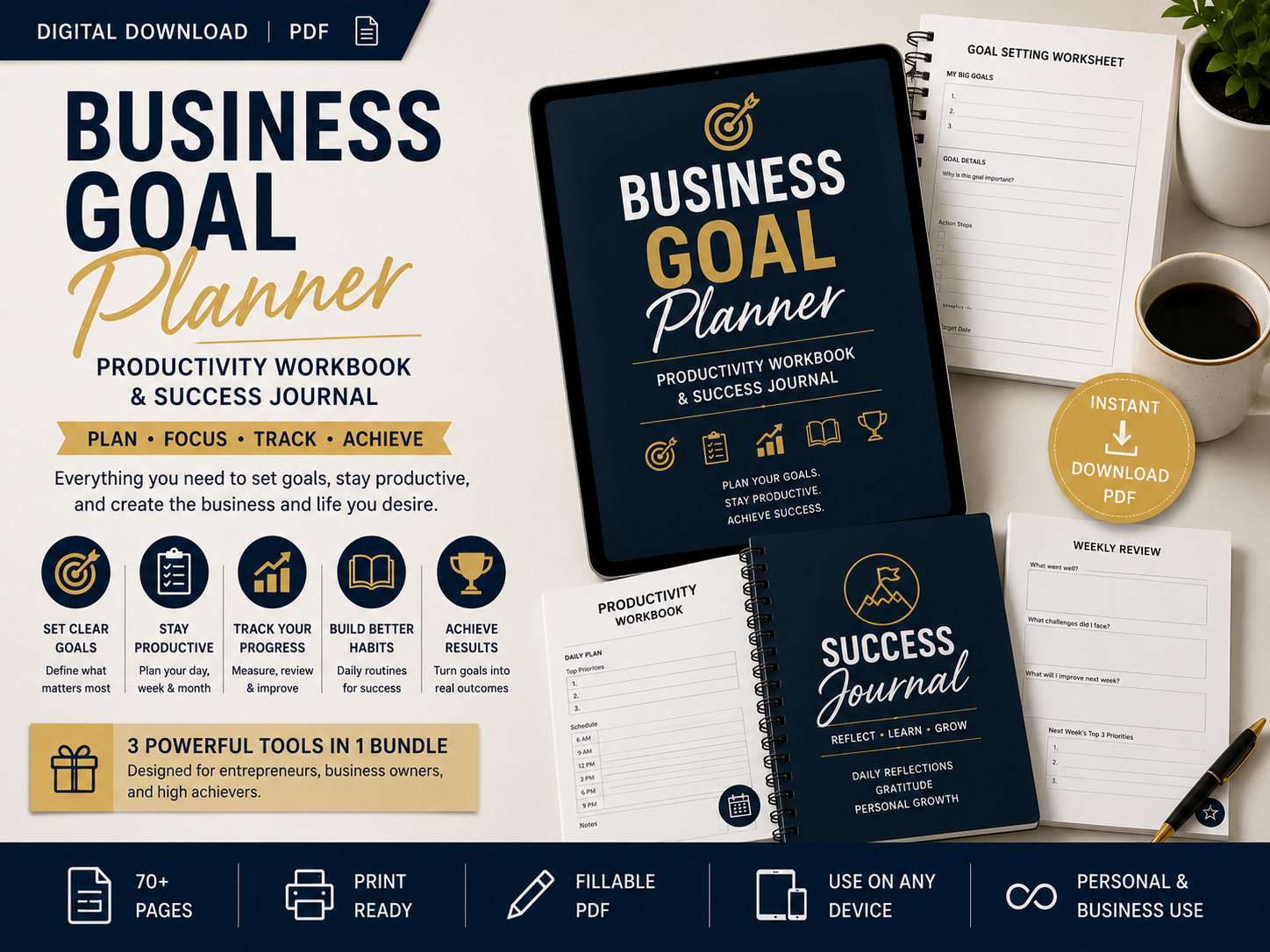 Business Goal Planner, Productivity Workbook & Success Journal (Digital PDF)